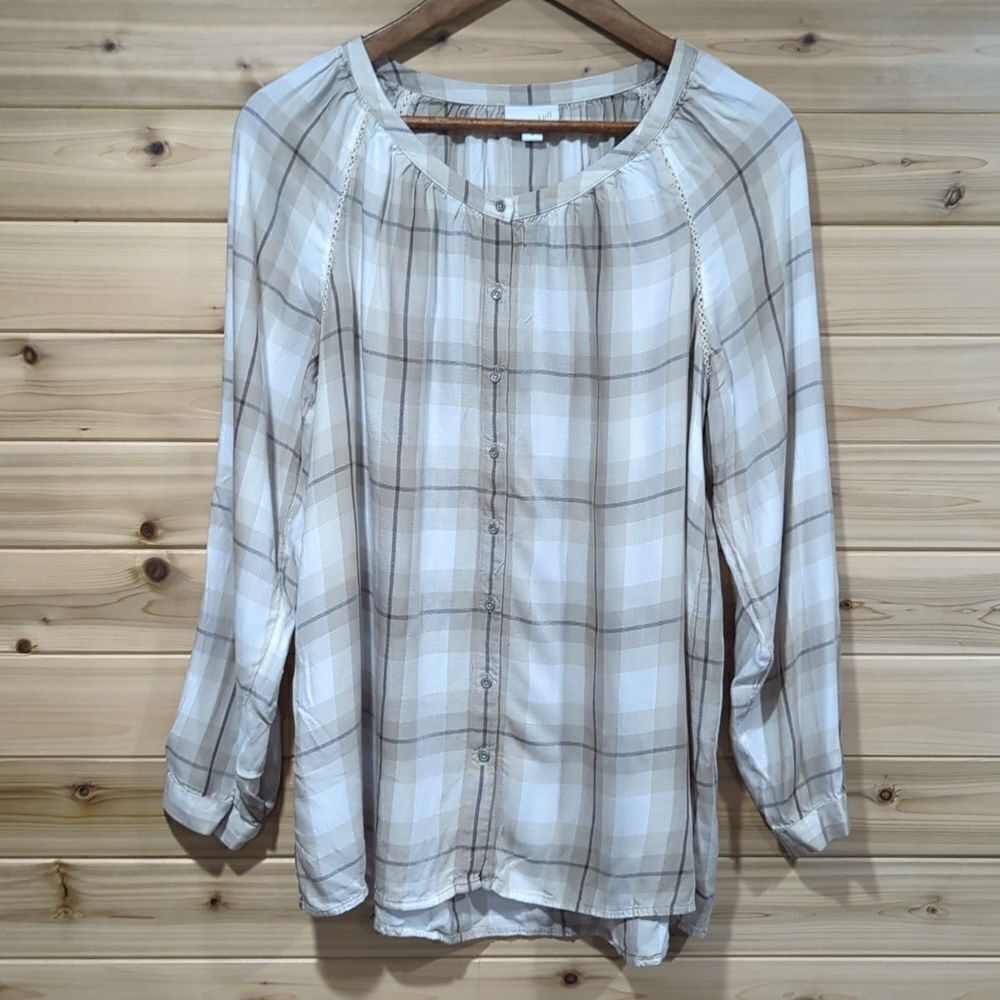 J. Jill Womens Top‎ Medium Tan Plaid Button Front Blouse